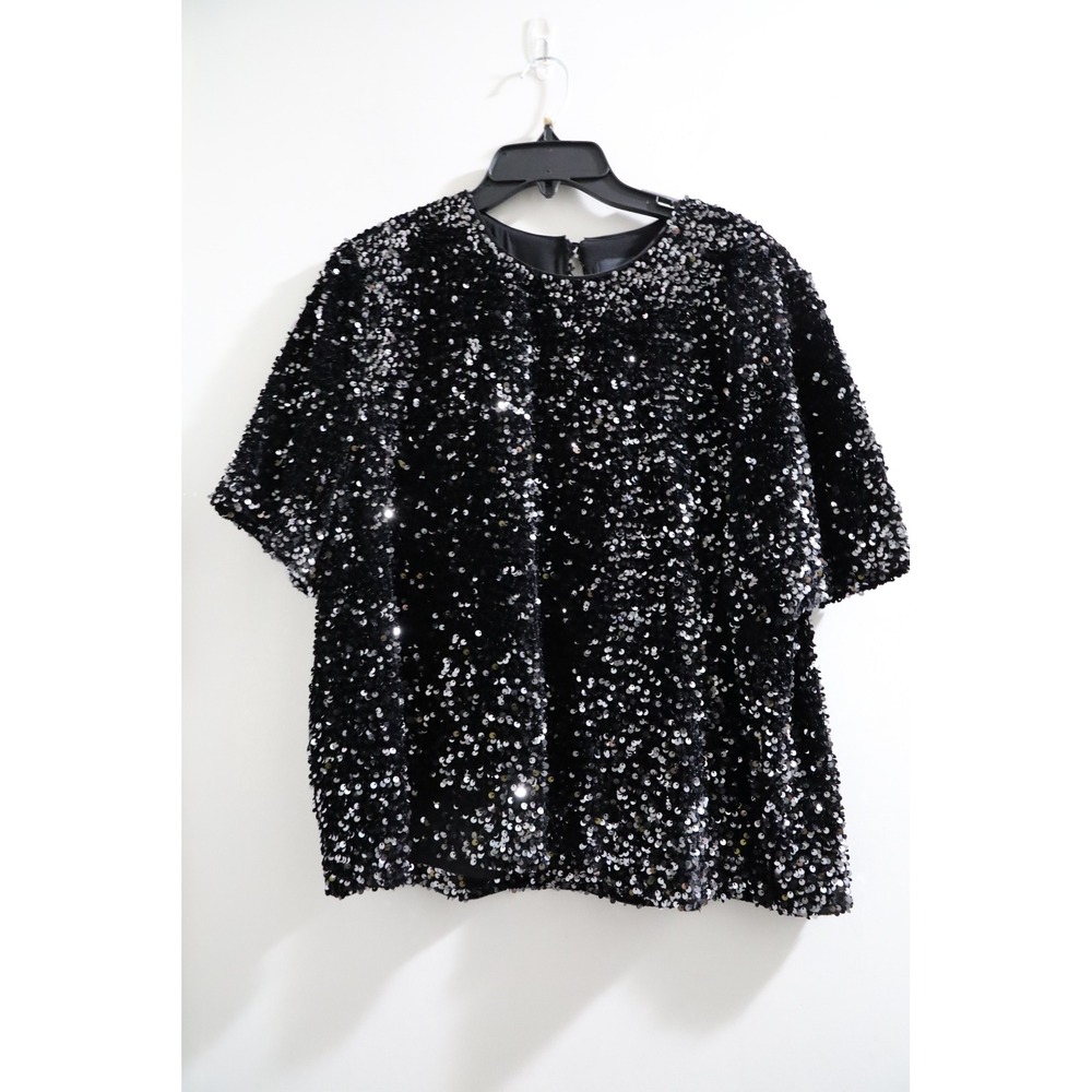 Alex Marie Black Sequin Short Sleeve‎ Top XXL Party Glam